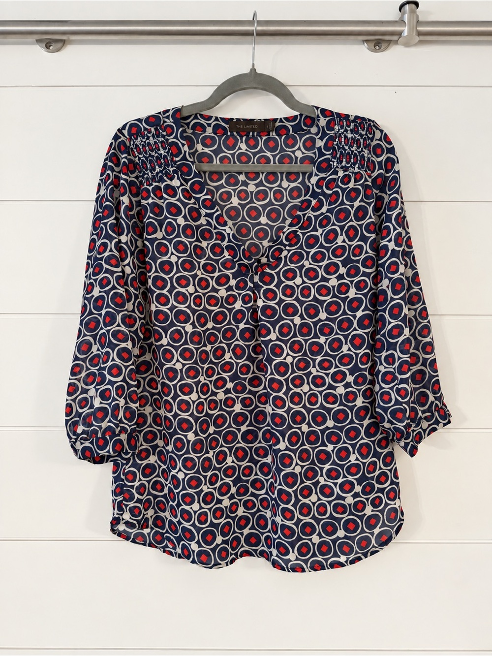 The Limited Navy, Red & Cream Geometric V-Neck Blouse, Size S